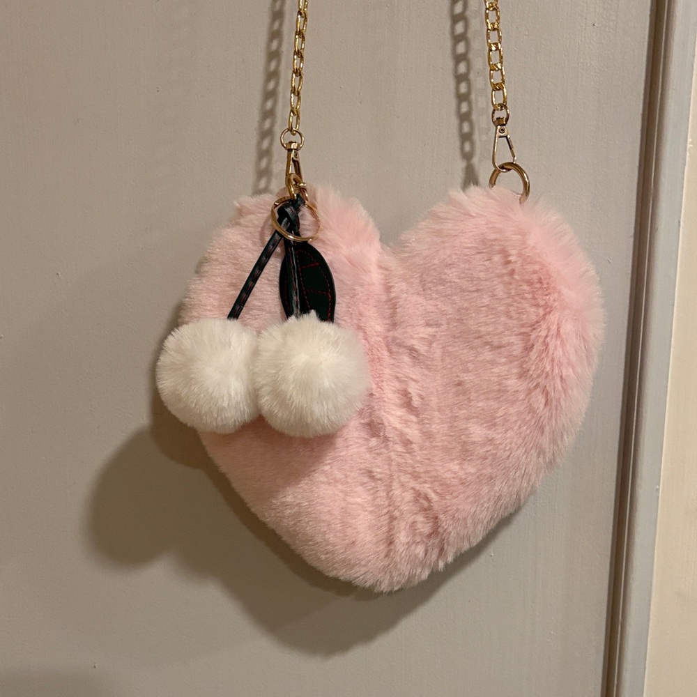 Pink Heart-Shaped Furry Bag with Chain Strap